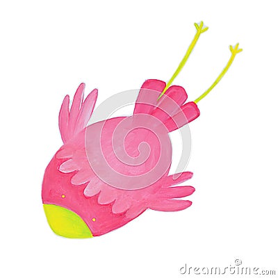 Cute hand made pink bird with yellow nose illustration. Cartoon Illustration
