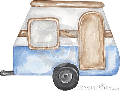 Cute hand painted vintage blue trailer clipart. Watercolor transport illustration. Graphic travel transportation clip art Cartoon Illustration