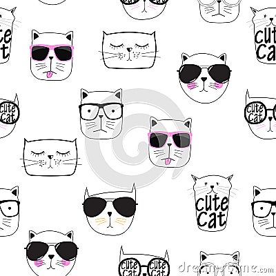 Cute Handdrawn Cat Seamless Pattern Vector Illustration Vector Illustration