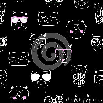 Cute Handdrawn Cat Seamless Pattern Vector Illustration Vector Illustration