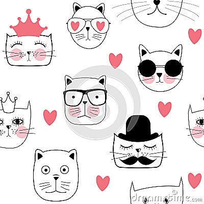 Cute Handdrawn Cat Seamless Pattern Vector Illustration Vector Illustration