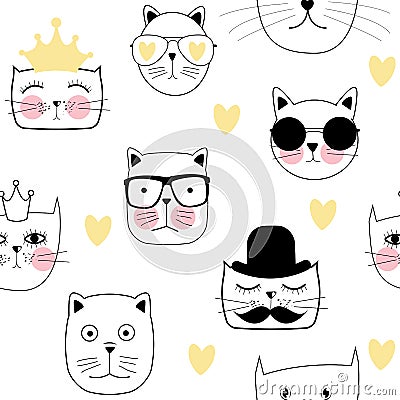 Cute Handdrawn Cat Seamless Pattern Vector Illustration Vector Illustration