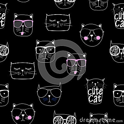 Cute Handdrawn Cat Seamless Pattern Vector Illustration Vector Illustration