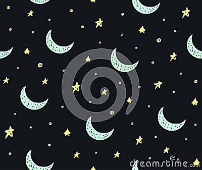 Cute handdrawn stars and moon seamless vector pattern Vector Illustration