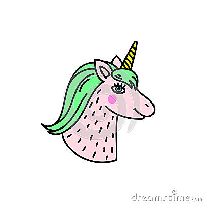 Cute handdrawn unicorn head. Vector Illustration