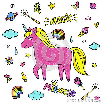 Cute handdrawn unicorn. Pink unicorn and magic stuff. Miracle and magic creature. Vector Illustration