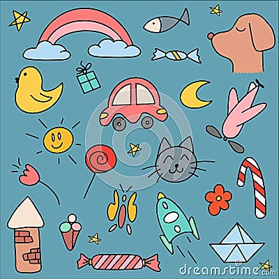 Cute handmade icons for children and preschool children. Icon of car, cat, dog, candy, tower, rainbow, moon, sun, tower, plane, ro Vector Illustration