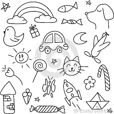 Cute handmade icons for kids and preschoolers. Icon car, cat, dog, candy, tower, rainbow, moon, sun, tower, plane, rocket. Vector Vector Illustration