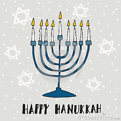 Cute Hanukkah greeting card, invitation with hand drawn menorah, Vector Illustration