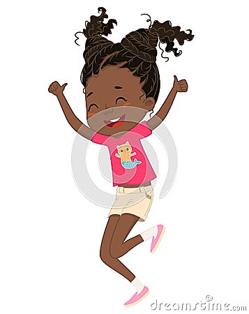 Cute happy African American girl jumping and dancing cheerfully on a white background. Laughing girl, vector background Vector Illustration