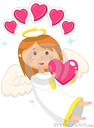 Valentine angel with wings holding pink hearts. Peaceful little girl giving love, hope and peace Vector Illustration