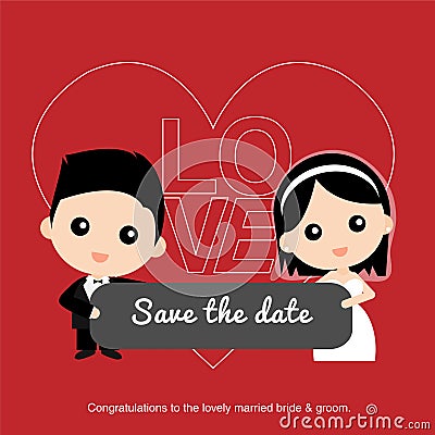 Cute happy Asian groom and bride Vector Illustration