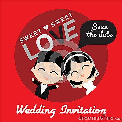 Cute happy Asian groom and bride Vector Illustration