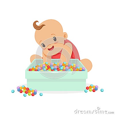 Cute happy baby sitting and playing with box full of multicolored small balls, cartoon character vector Illustration Vector Illustration