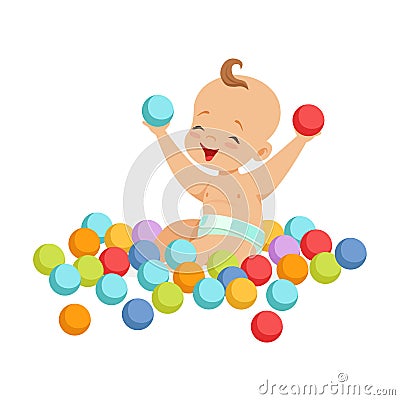 Cute happy baby sitting and playing with multicolored small balls, colorful cartoon character vector Illustration Vector Illustration