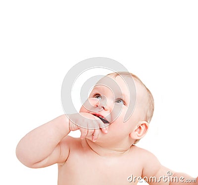 Cute happy baby smiling looking above on white Stock Photo