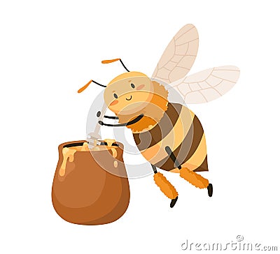 Cute happy bee with honey pot and dipper in paws. Sweet smiling honeybee with adorable face. Childish colored flat Vector Illustration