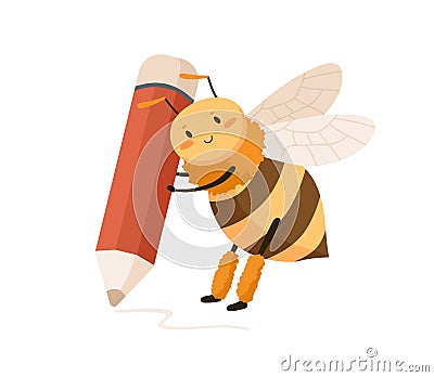 Cute happy bee with huge pencil in tiny paws, writing and drawing smth. Funny adorable honeybee. Childish colored flat Vector Illustration