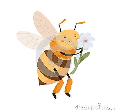 Cute happy bee pollinating and smelling fragrant flower. Adorable honeybee smiling and enjoying. Childish colored flat Vector Illustration