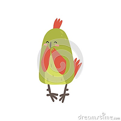 Cute Happy Bird Lookig at Mirror, Funny Birdie Cartoon Character with Bright Green Feathers Vector Illustration Vector Illustration