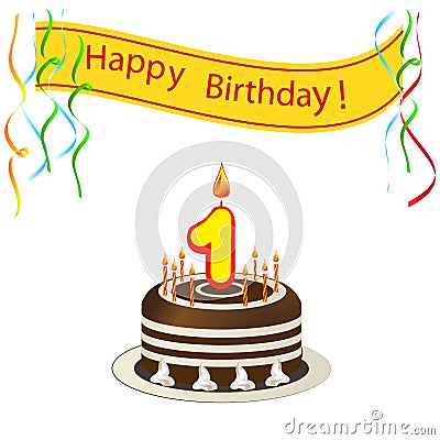 Cute happy birthday card with cake and candles - 1 Cartoon Illustration