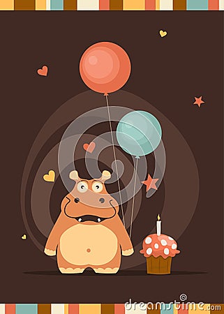 Cute happy birthday card with fun hippo Vector Illustration