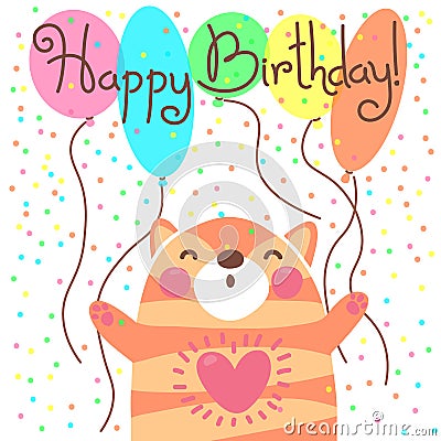 Cute happy birthday card with funny kitten. Vector Illustration