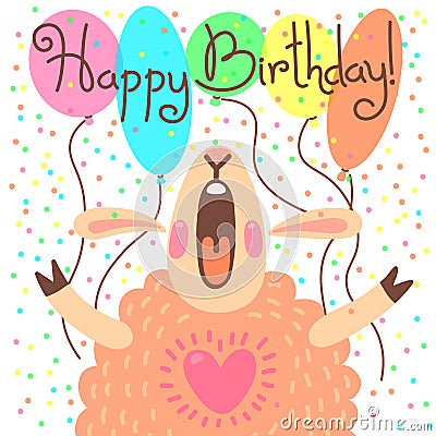 Cute happy birthday card with funny lamb. Vector Illustration