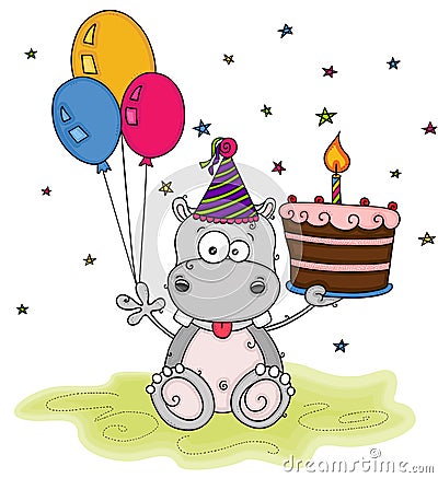 Cute happy birthday with fun hippo holding three balloons and a cake Vector Illustration