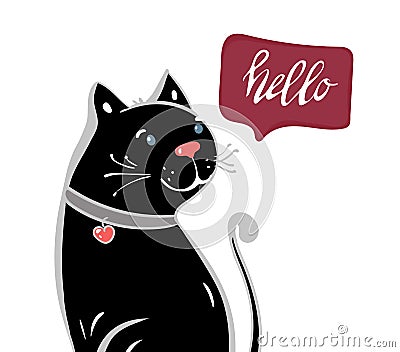 Cute happy black Cat character holding flower with lettering calligraphy text. Hand drawn, vector romantic illustration. cartoon Vector Illustration
