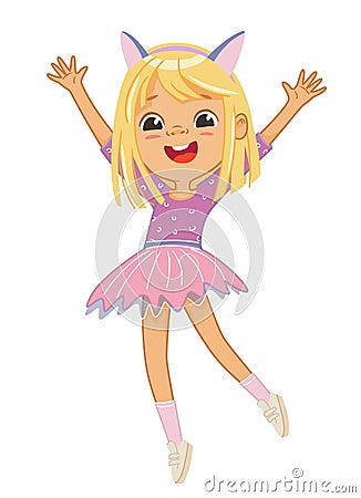 Cute happy blond girl jumping and dancing cheerfully on a white background. Laughing school girl, vector background for Vector Illustration