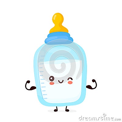 Cute happy bottle with nipple pacifier show muscle Vector Illustration