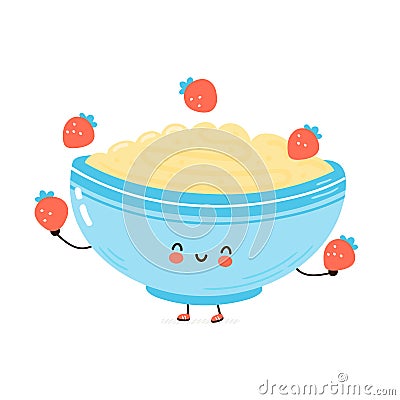 Cute bowl of oatmeal porridge juggle strawberry Vector Illustration
