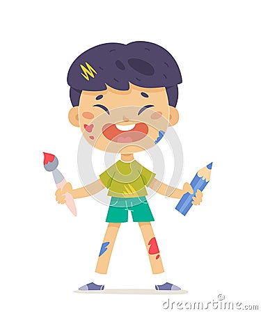 Cute happy boy artist holding paint brush and pencil to draw and create art pictures Vector Illustration