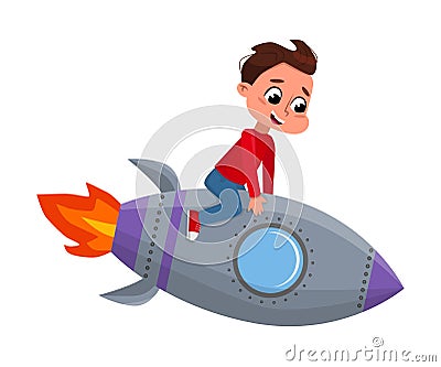 Cute Happy Boy Astronaut Riding Space Rocket Toy, Little Boy Playing Astronauts Cartoon Style Vector Illustration Vector Illustration