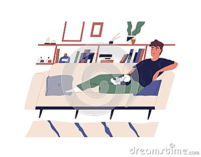Cute happy boy lying on comfy couch with his cat. Young smiling man relaxing on cozy sofa at home. Cheerful male cartoon Vector Illustration