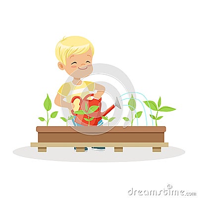 Cute happy boy watering plants from a watering can, lesson of botany in kindergarten cartoon vector Illustration Vector Illustration