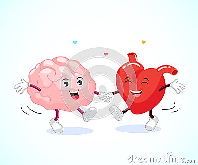 Cute happy brain and heart dancing together. Vector Illustration