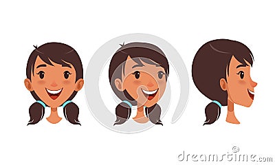 Cute Happy Brunette Girl Set, Different View of Girl Face, Front, Profile Side and Three Quarter View Cartoon Style Vector Illustration