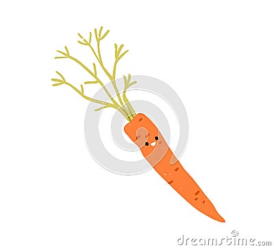 Cute happy carrot. Funny vegetable with smiling joyful face expression, positive emotion. Comic healthy food character Vector Illustration