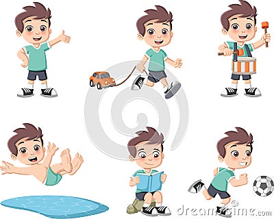 Cute happy cartoon boy playing. Vector Illustration