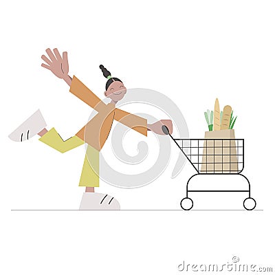 Cute happy cartoon girl walking with shopping bags and supermarket cart. Vector Illustration