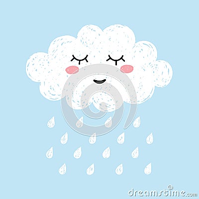 Cute happy cartoon kawaii cloud on blue background with rain drops. Dreaming cloud vector illustration Vector Illustration