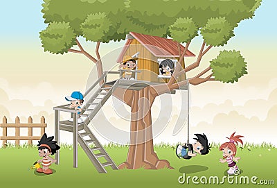 Cute happy cartoon kids playing in house tree Vector Illustration