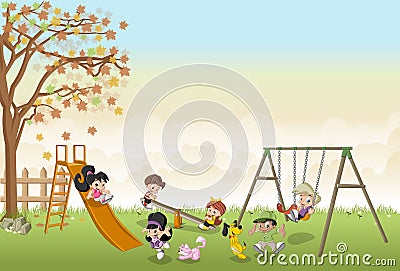 Cute happy cartoon kids playing in playground Vector Illustration