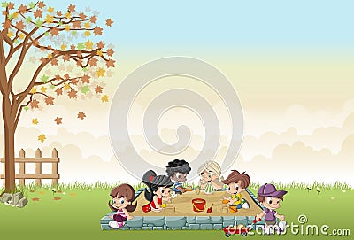 Cute happy cartoon kids playing in sandbox Vector Illustration