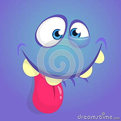 Cute happy cartoon monster face with big eyes showing tongue. Vector Halloween blue monster. Vector Illustration