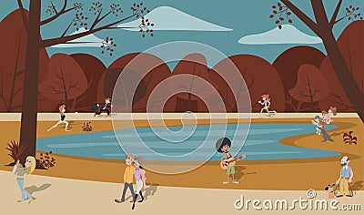 Cute happy cartoon people in the park Vector Illustration