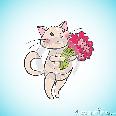 Cute happy cat with flowers. Vector Illustration