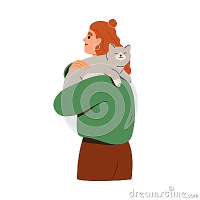 Cute happy cat lying on girl shoulder. Woman caring about lovely adorable kitty Vector Illustration
